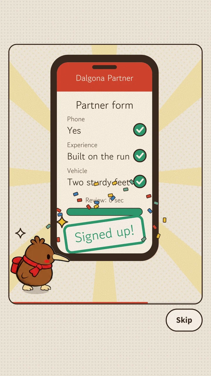 Kidori beside a phone showing the completed Dalgona Partner signup in the opening story.