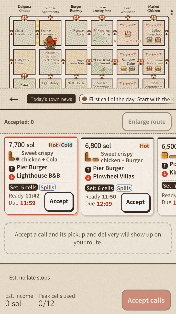 Call cards listing fares, ready times and deadlines beneath the town map.