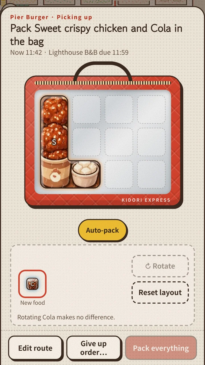 Food being dragged into the delivery bag's grid.