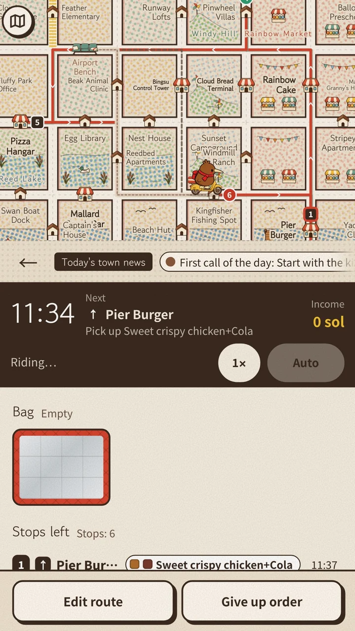Kidori riding a motorcycle on the map, with the next pickup and remaining delivery stops shown below.
