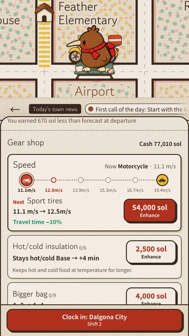 The Gear shop with upgrades for speed, hot/cold insulation and a bigger bag.