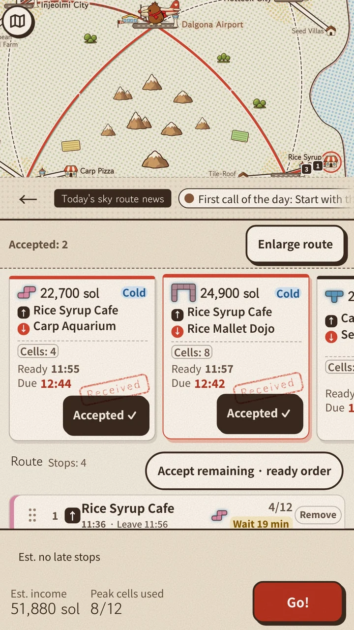 The Hanbit sky route map with accepted calls and a delivery route planned for the plane.