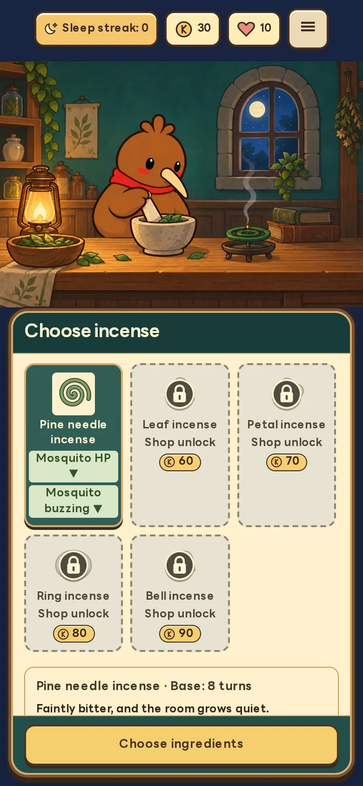 The incense selection screen with Pine needle incense beneath a workshop illustration of Kidori grinding ingredients.