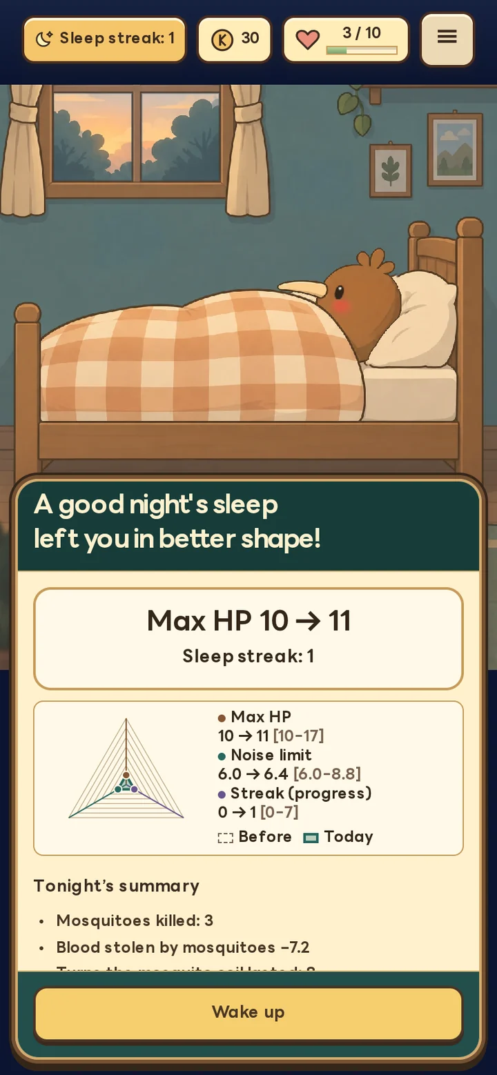 The morning results showing growth in Max HP and Noise limit, the Sleep streak and a summary of the night.