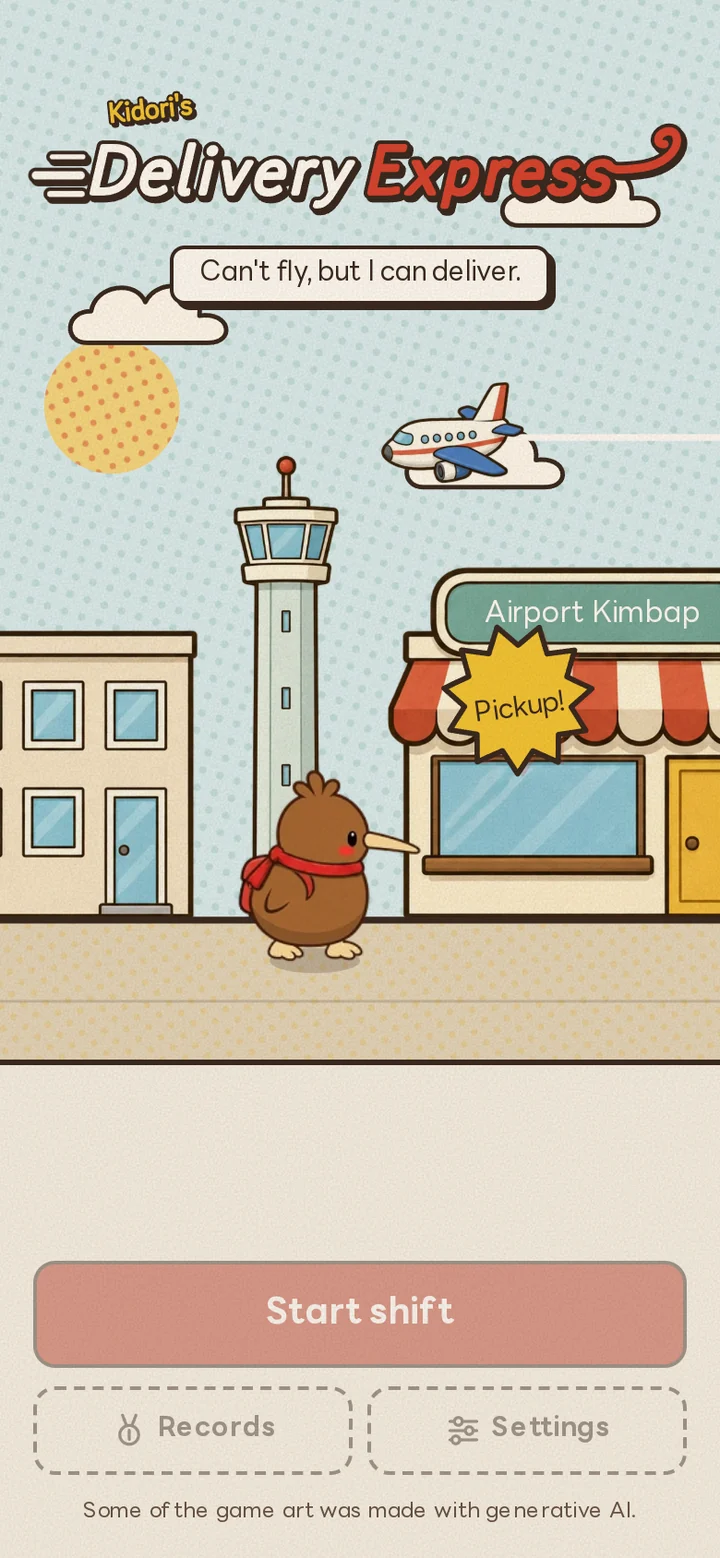 Delivery Express's title screen featuring Kidori in a red scarf.