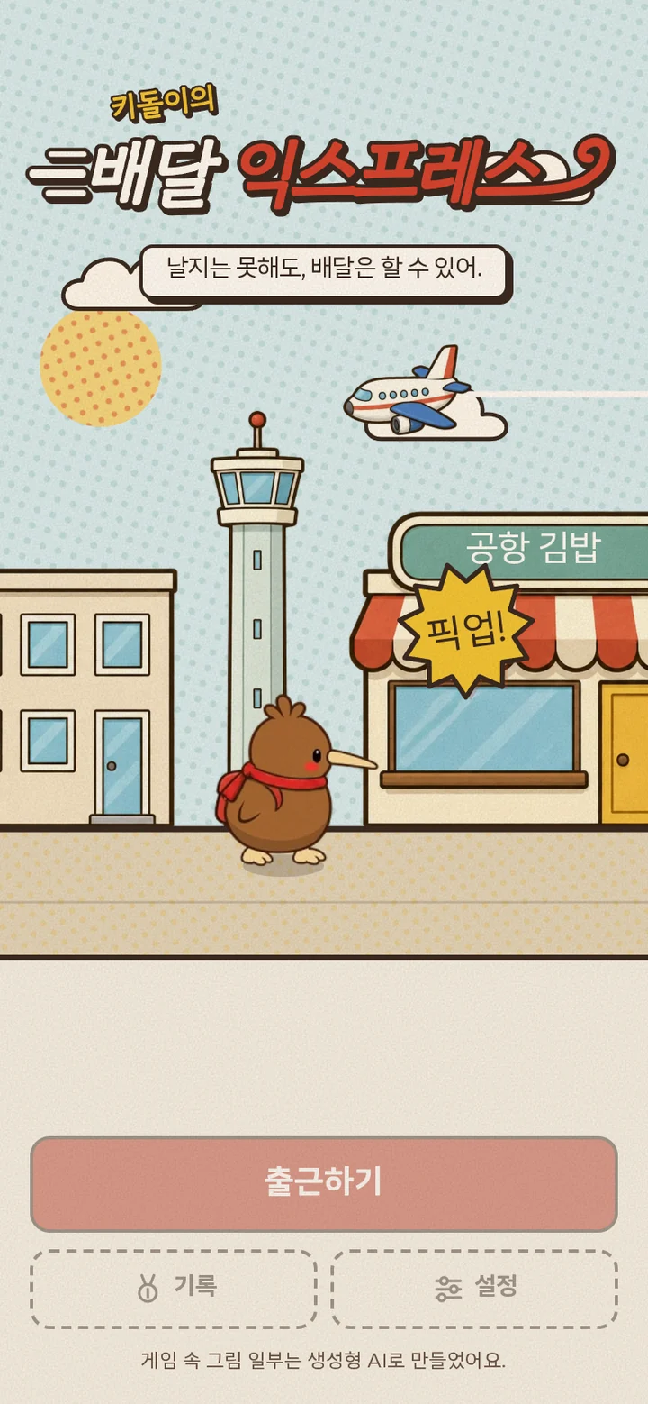 빨간 목도리를 두른 키돌이가 등장하는 배달 익스프레스의 타이틀 화면.